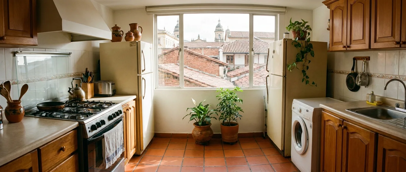 Cocina de un hogar colombiano, luminosa y ordenada, con nevera, estufa y lavadora
