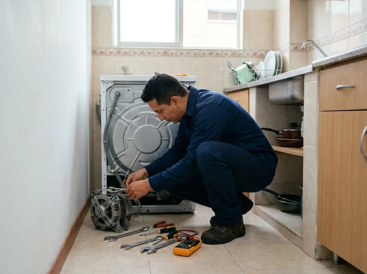 Técnico de Baird Service reparando el motor de una lavadora en un hogar de Bogotá